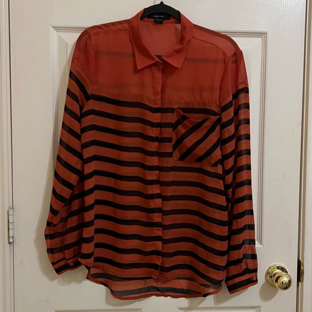 Striped Sheer Button-Up Blouse Burnt Orange and Black